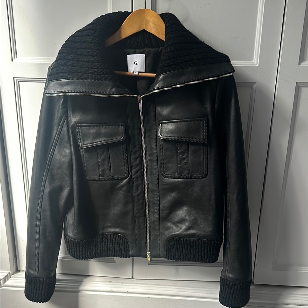 G.Label by Goop Black Leather Bomber Jacket Knit Collar